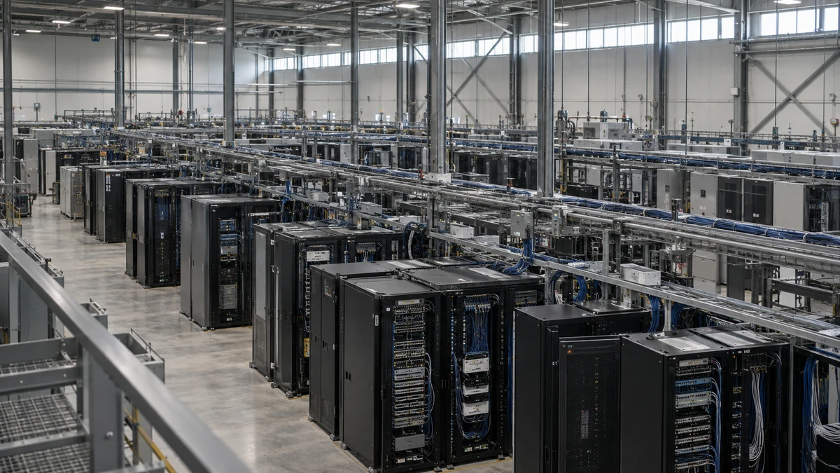 Illustrative optical interconnection floor with network equipment and overhead cable trays.