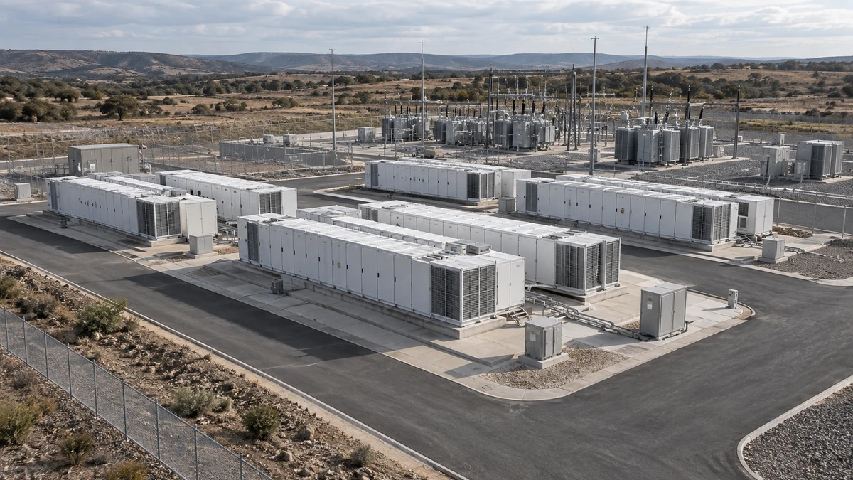 Illustrative grid-scale battery installation with separated equipment blocks and an electrical substation.