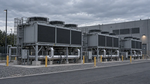 Illustrative outdoor industrial cooling equipment and service pipework.